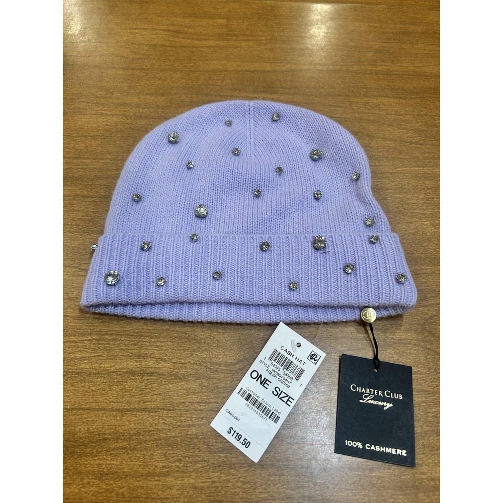 Charter Club Beanie Hat Womens One Size Purple Cashmere Rhinestone Luxury NWT